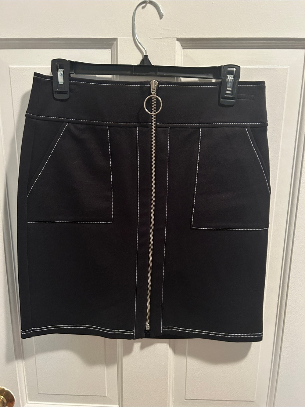 INC International Concepts Black Mini Skirt with White Topstitching & Front